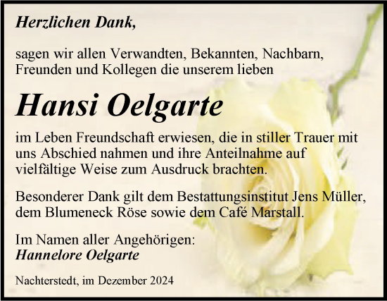 Traueranzeige von Hansi Oelgarte von Trauerkombi Aschersleben