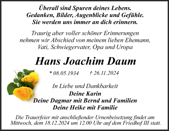 Traueranzeige von Hans Joachim Daum von Trauerkombi Dessau