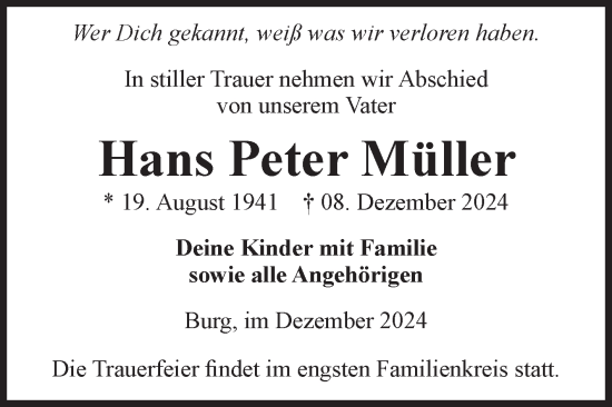 Traueranzeige von Hans Peter Müller von Volksstimme Burg/Genthin