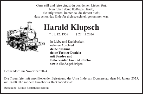 Traueranzeige von Harald Klupsch von Volksstimme Oschersleben/Wanzleben