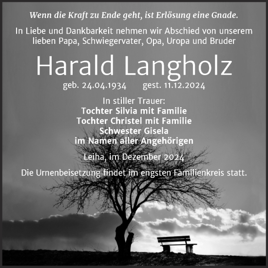 Traueranzeige von Harald Langholz von Trauerkombi Merseburg