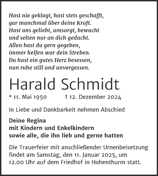 Traueranzeige von Harald Schmidt von Mitteldeutsche Zeitung Halle/Saalkreis