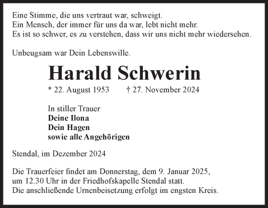 Traueranzeige von Harald Schwerin von Volksstimme Altmark Ost