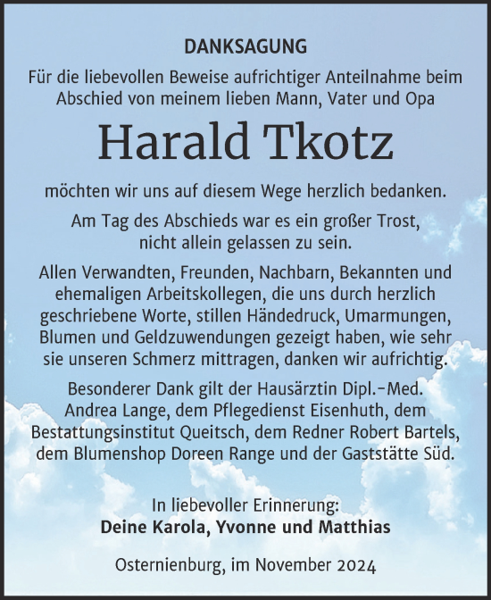 Traueranzeige von Harald Tkotz von Trauerkombi Köthen