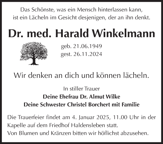Traueranzeige von Harald Winkelmann von Volksstimme Haldensleben/Wolmirstedt