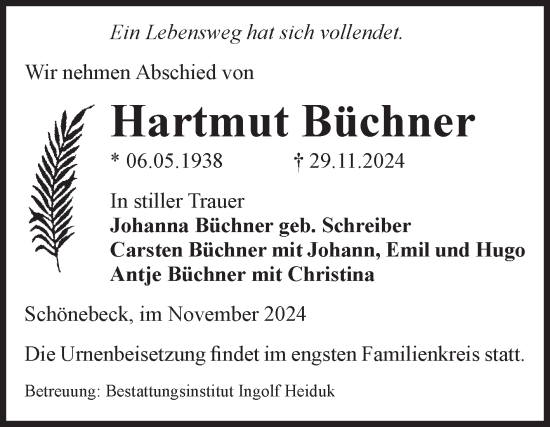 Traueranzeige von Hartmut Büchner von Volksstimme Schönebeck