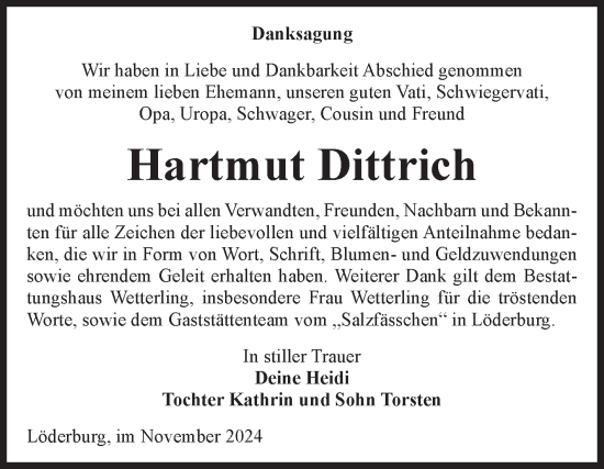 Traueranzeige von Hartmut Dittrich von Volksstimme Staßfurt