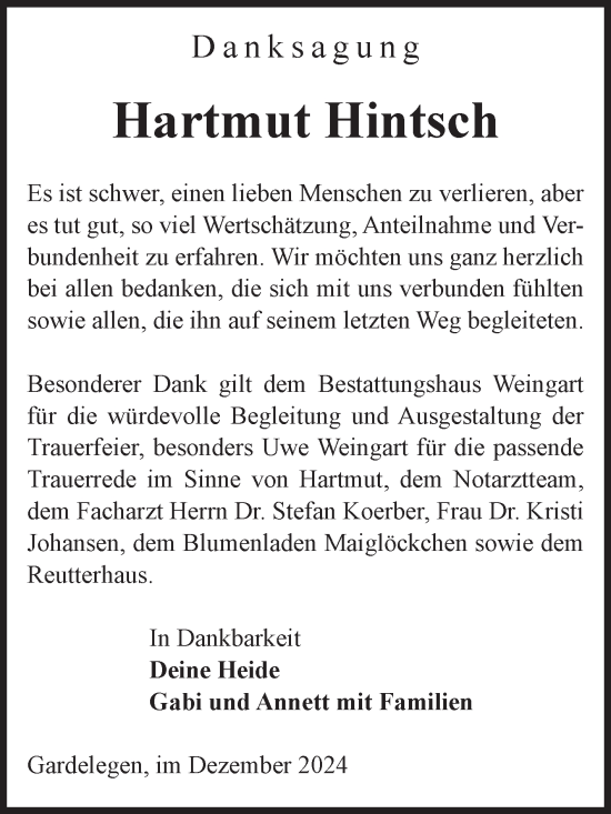 Traueranzeige von Hartmut Hintsch von Volksstimme Altmark West
