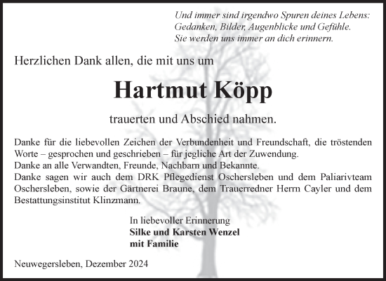 Traueranzeige von Hartmut Köpp von Volksstimme Oschersleben/Wanzleben