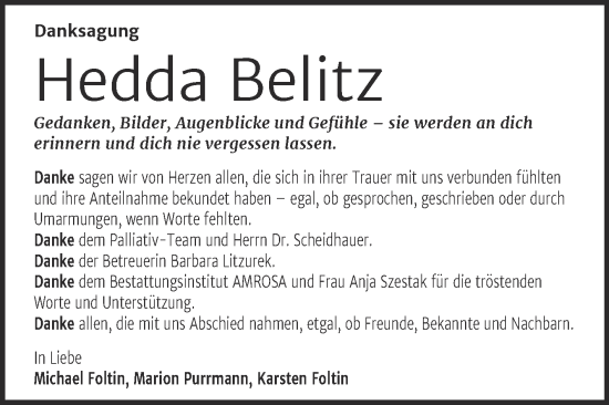 Traueranzeige von Hedda Belitz von Trauerkombi Dessau