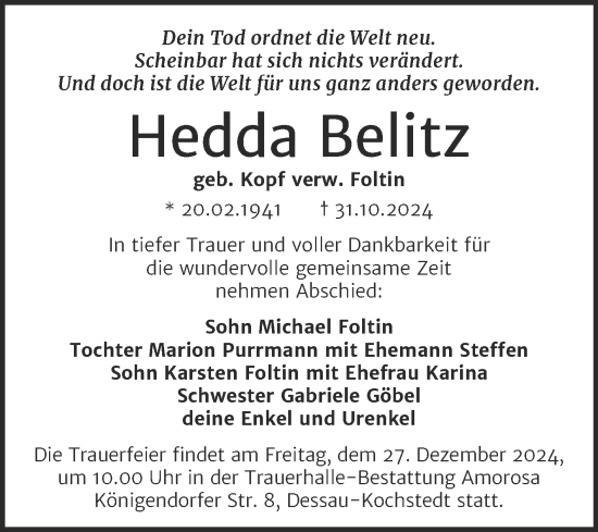 Traueranzeige von Hedda Belitz von Trauerkombi Dessau
