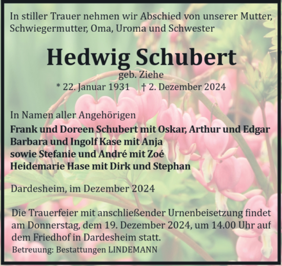 Traueranzeige von Hedwig Schubert von Volksstimme Halberstadt