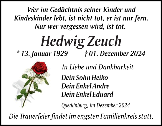 Traueranzeige von Hedwig Zeuch von Trauerkombi Quedlinburg
