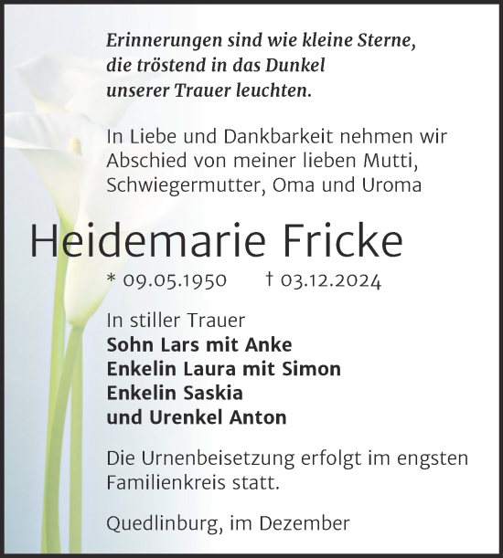 Traueranzeige von Heidemarie Fricke von Trauerkombi Quedlinburg