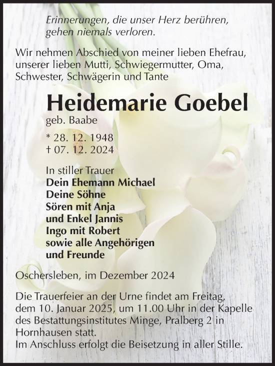 Traueranzeige von Heidemarie Goebel von Volksstimme Oschersleben/Wanzleben