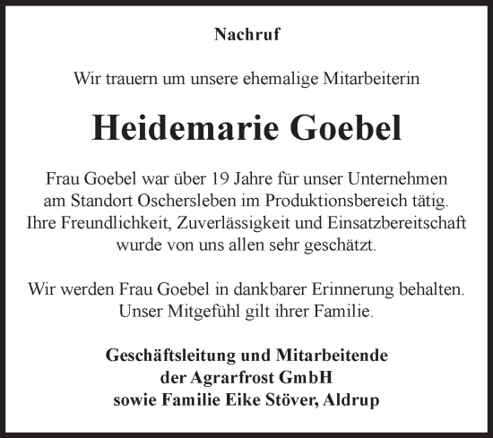 Traueranzeige von Heidemarie Goebel von Volksstimme Oschersleben/Wanzleben