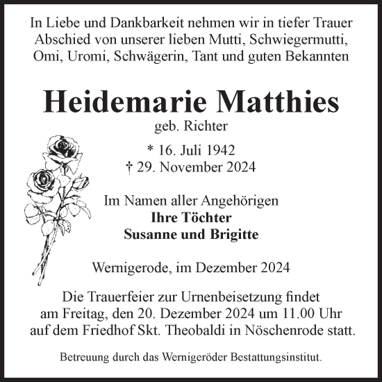 Traueranzeige von Heidemarie Matthies von Volksstimme Wernigerode