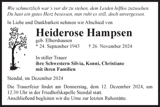 Traueranzeige von Heiderose Hampsen von Volksstimme Altmark Ost