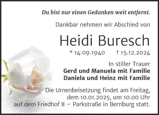 Traueranzeige von Heidi Buresch von Trauerkombi Bernburg