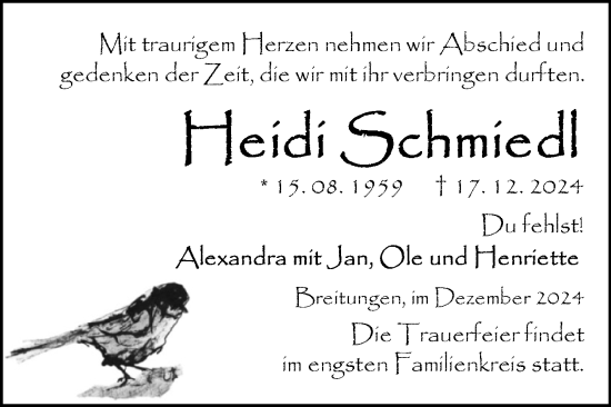 Traueranzeige von Heidi Schmiedl von Trauerkombi Sangerhausen