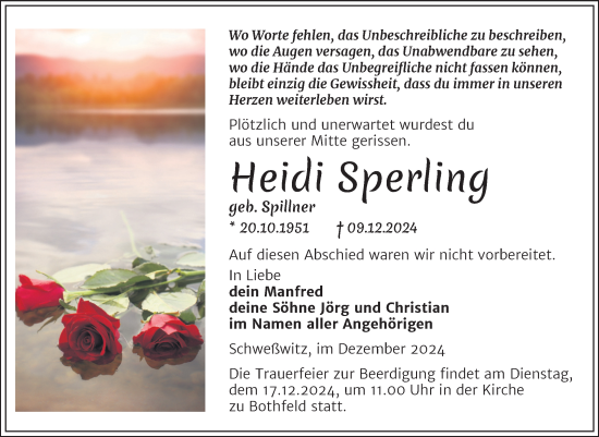 Traueranzeige von Heidi Sperling von Mitteldeutsche Zeitung Weißenfels