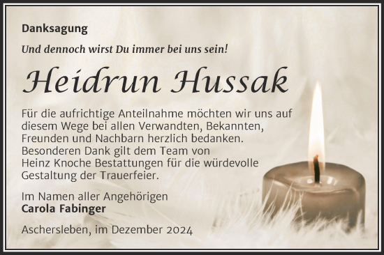Traueranzeige von Heidrun Hussak von Trauerkombi Aschersleben