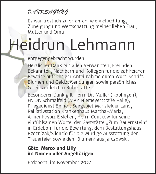 Traueranzeige von Heidrun Lehmann von Trauerkombi Mansfelder Land
