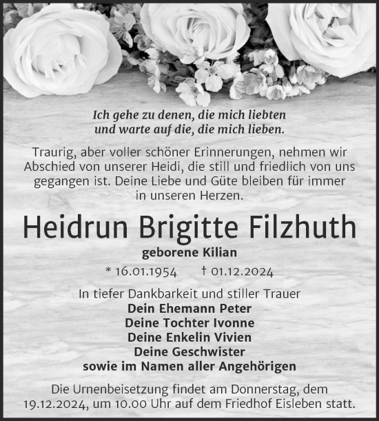 Traueranzeige von Heidrun Brigitte Filzhuth von Mitteldeutsche Zeitung Mansfelder Land