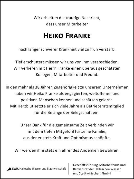 Traueranzeige von Heiko Franke von Mitteldeutsche Zeitung Halle/Saalkreis