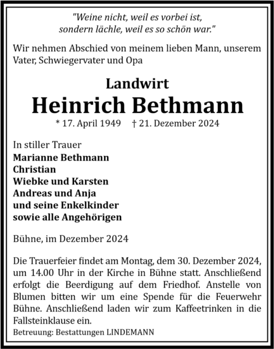 Traueranzeige von Heinrich Bethmann von Volksstimme Halberstadt