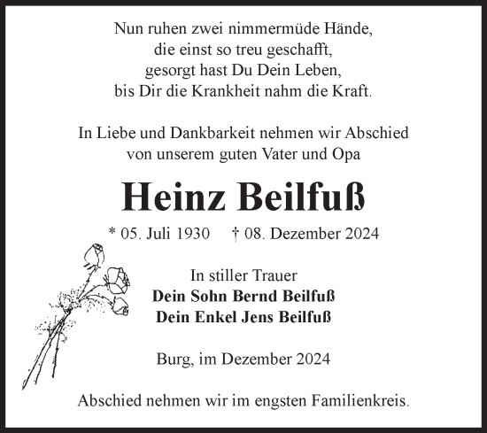 Traueranzeige von Heinz Beilfuß von Volksstimme Burg/Genthin