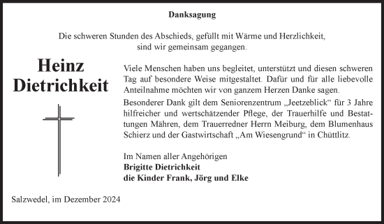 Traueranzeige von Heinz Dietrichkeit von Volksstimme Altmark West