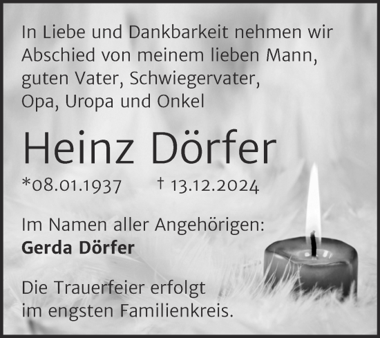 Traueranzeige von Heinz Dörfer von Trauerkombi Aschersleben