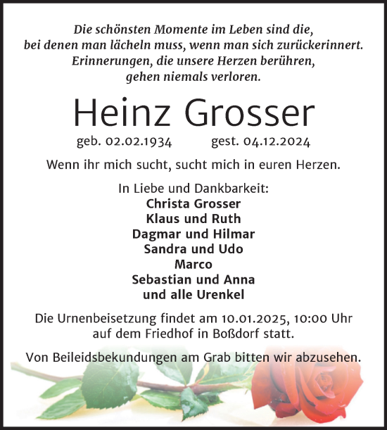 Traueranzeige von Heinz Grosser von Trauerkombi Wittenberg