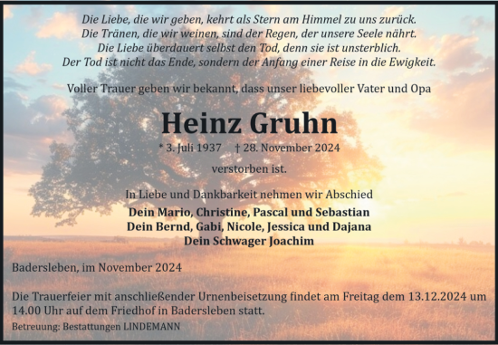 Traueranzeige von Heinz Gruhn von Volksstimme Halberstadt