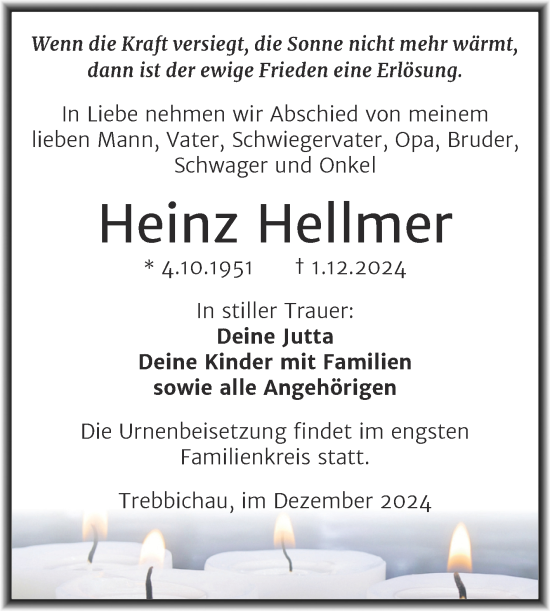 Traueranzeige von Heinz Hellmer von Trauerkombi Köthen
