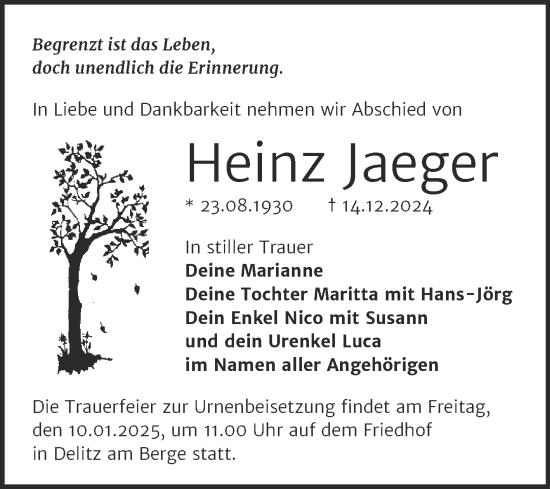 Traueranzeige von Heinz Jaeger von Trauerkombi Merseburg