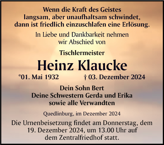 Traueranzeige von Heinz Klaucke von Trauerkombi Quedlinburg