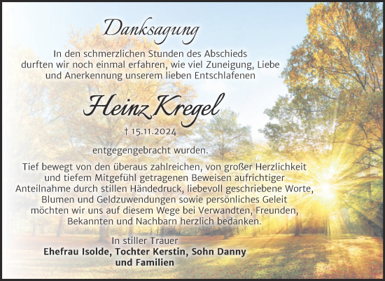 Traueranzeige von Heinz Kregel von Trauerkombi Wittenberg