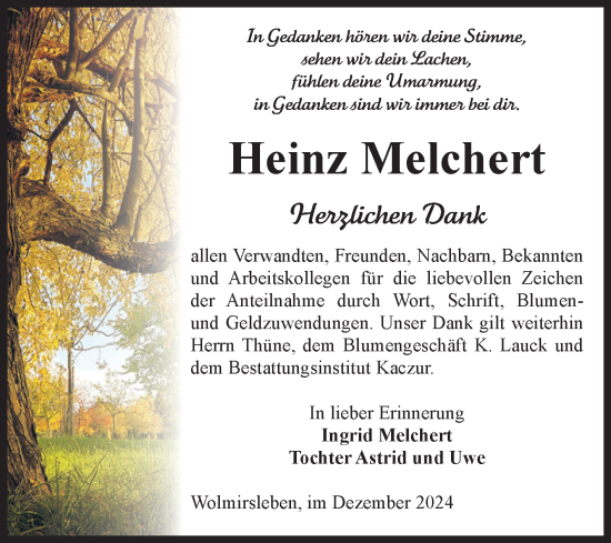 Traueranzeige von Heinz Melchert von Volksstimme Staßfurt