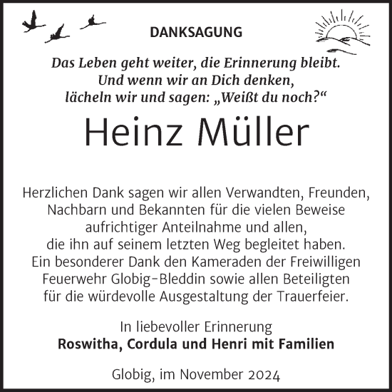Traueranzeige von Heinz Müller von Trauerkombi Wittenberg