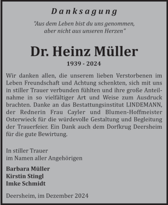 Traueranzeige von Heinz Müller von Volksstimme Halberstadt