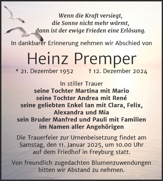 Traueranzeige von Heinz Premper von Super Sonntag Naumburg/Nebra