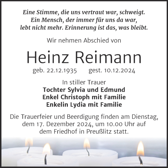 Traueranzeige von Heinz Reimann von Mitteldeutsche Zeitung Köthen