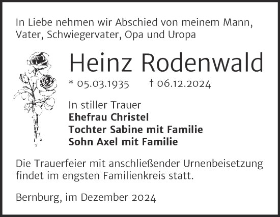Traueranzeige von Heinz Rodenwald von Trauerkombi Bernburg