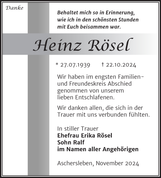 Traueranzeige von Heinz Rösel von Trauerkombi Aschersleben