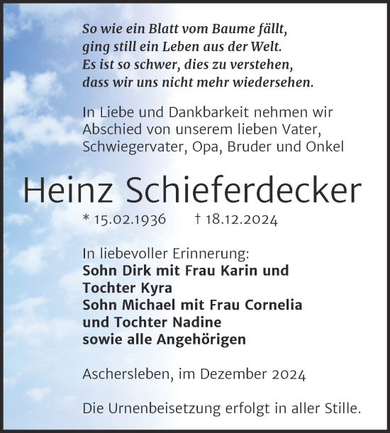 Traueranzeige von Heinz Schieferdecker von Trauerkombi Aschersleben