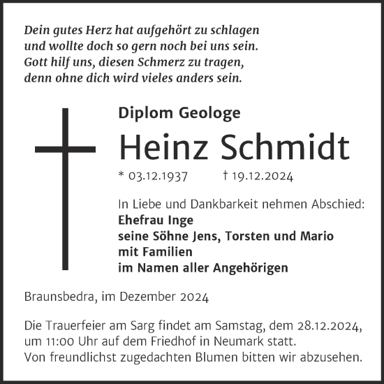 Traueranzeige von Heinz Schmidt von Mitteldeutsche Zeitung Merseburg/Querfurt