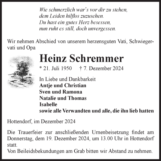 Traueranzeige von Heinz Schremmer von Volksstimme Altmark Ost