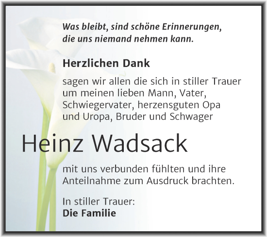 Traueranzeige von Heinz Wadsack von Trauerkombi Mansfelder Land
